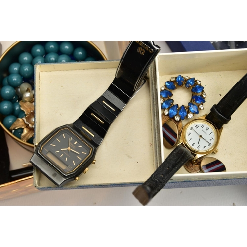 276 - A BOX OF ASSORTED JEWELLERY AND WATCHES, to include a Swarovski white metal necklace, encased in sig... 