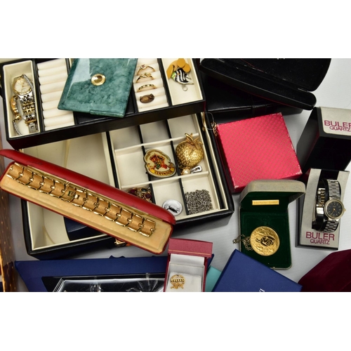 276 - A BOX OF ASSORTED JEWELLERY AND WATCHES, to include a Swarovski white metal necklace, encased in sig... 