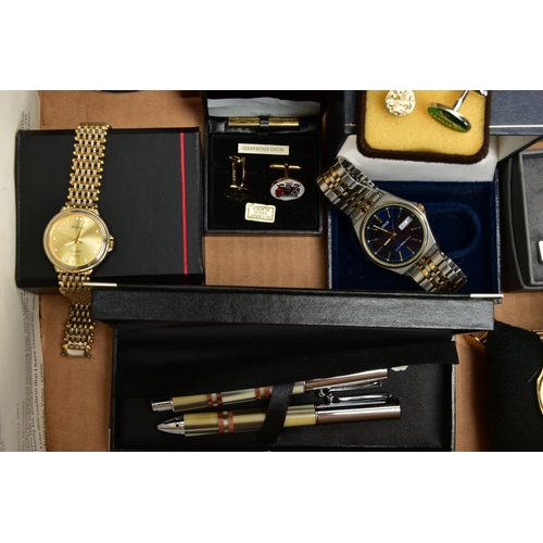 277 - A BOX OF WATCHES, CUFFLINKS, PENS ETC, to include a boxed yellow metal oval tie pin stamped 9ct toge... 