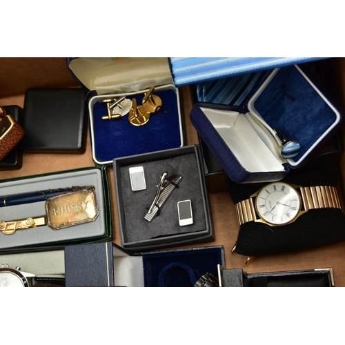 277 - A BOX OF WATCHES, CUFFLINKS, PENS ETC, to include a boxed yellow metal oval tie pin stamped 9ct toge... 