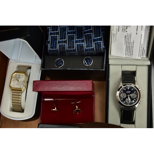 277 - A BOX OF WATCHES, CUFFLINKS, PENS ETC, to include a boxed yellow metal oval tie pin stamped 9ct toge... 