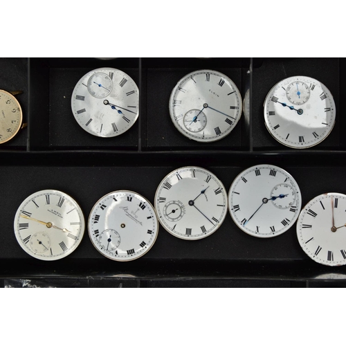 278 - A BOX OF WATCH PARTS, an assortment of  movements, faces and glass, names to include A.W.W.Co Waltha... 