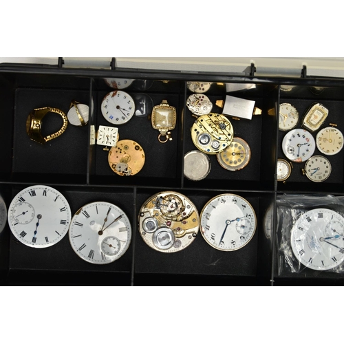 278 - A BOX OF WATCH PARTS, an assortment of  movements, faces and glass, names to include A.W.W.Co Waltha... 