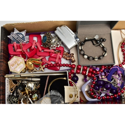 280 - A BOX OF ASSORTED SILVER/WHITE METAL JEWELLERY AND OTHER ITEMS, to include a silver marcasite set wa... 