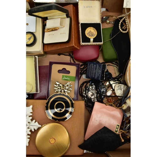 282 - A BOX OF ASSORTED ITEMS, to include various imitation pearl necklaces, costume brooches, rings, brac... 