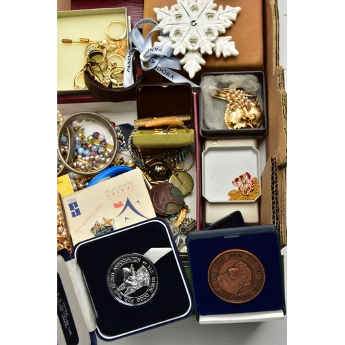 282 - A BOX OF ASSORTED ITEMS, to include various imitation pearl necklaces, costume brooches, rings, brac... 