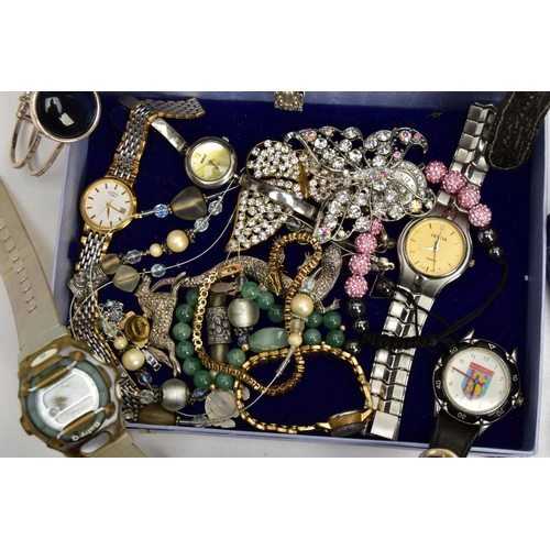 284 - A BOX OF ASSORTED ITEMS, to include various pieces of costume jewellery such as brooches, beaded nec... 