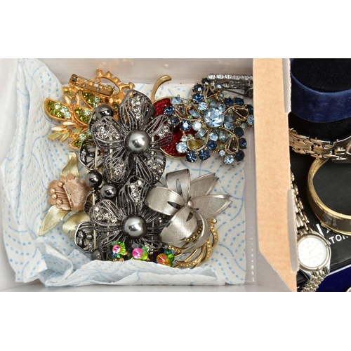 284 - A BOX OF ASSORTED ITEMS, to include various pieces of costume jewellery such as brooches, beaded nec... 