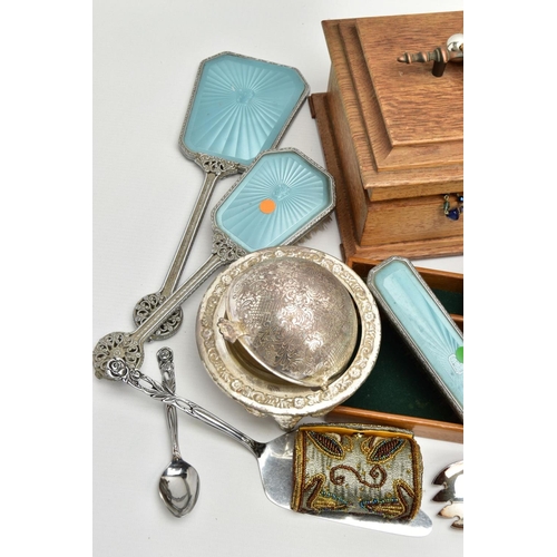 285 - A BOX OF ASSORTED ITEMS, to include a three piece white metal and light blue guilloche enamel vanity... 