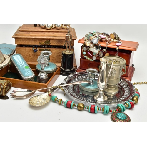 285 - A BOX OF ASSORTED ITEMS, to include a three piece white metal and light blue guilloche enamel vanity... 