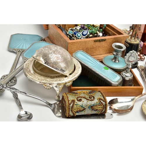 285 - A BOX OF ASSORTED ITEMS, to include a three piece white metal and light blue guilloche enamel vanity... 