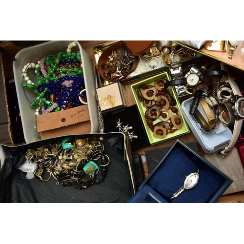 288 - TWO BOXES OF ASSORTED COSTUME JEWELLERY AND ITEMS, to include various beaded necklaces, earrings, ri... 