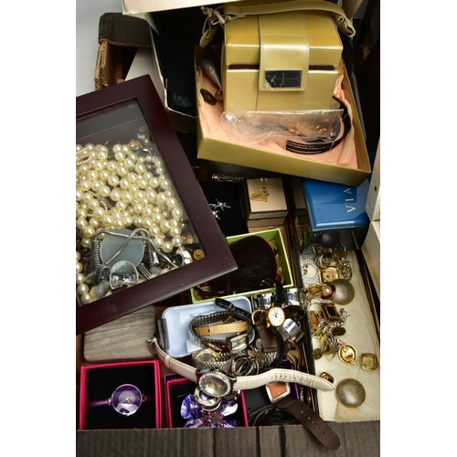 288 - TWO BOXES OF ASSORTED COSTUME JEWELLERY AND ITEMS, to include various beaded necklaces, earrings, ri... 