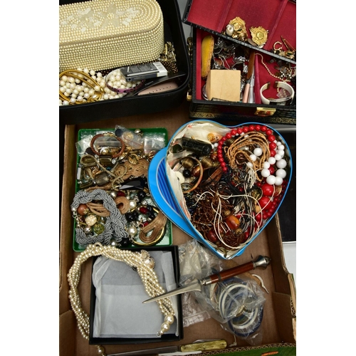 288 - TWO BOXES OF ASSORTED COSTUME JEWELLERY AND ITEMS, to include various beaded necklaces, earrings, ri... 