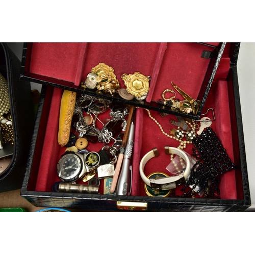 288 - TWO BOXES OF ASSORTED COSTUME JEWELLERY AND ITEMS, to include various beaded necklaces, earrings, ri... 