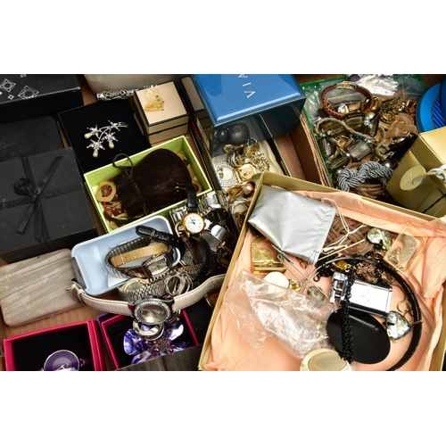 288 - TWO BOXES OF ASSORTED COSTUME JEWELLERY AND ITEMS, to include various beaded necklaces, earrings, ri... 