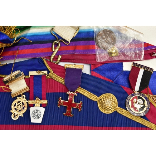 289 - A BOX OF MASONIC REGALIA, to include various sashes and aprons some bearing medallions, various maso... 