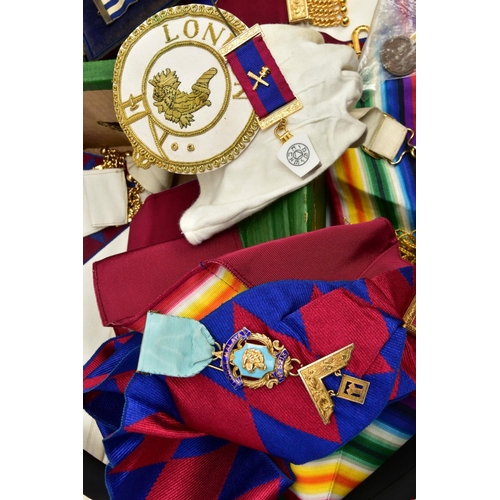 289 - A BOX OF MASONIC REGALIA, to include various sashes and aprons some bearing medallions, various maso... 