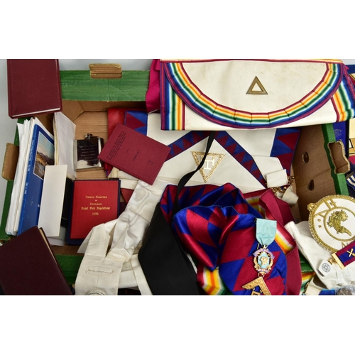 289 - A BOX OF MASONIC REGALIA, to include various sashes and aprons some bearing medallions, various maso... 