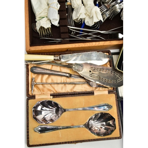 292 - A BOX OF ASSORTED CUTLERY, to include a cased Walker & Hall set of two serving spoons, a cased set o... 