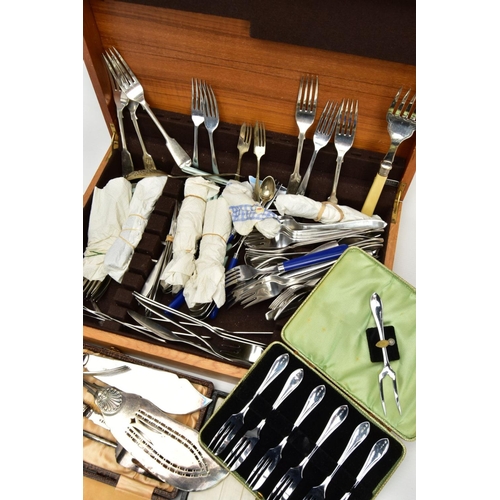 292 - A BOX OF ASSORTED CUTLERY, to include a cased Walker & Hall set of two serving spoons, a cased set o... 