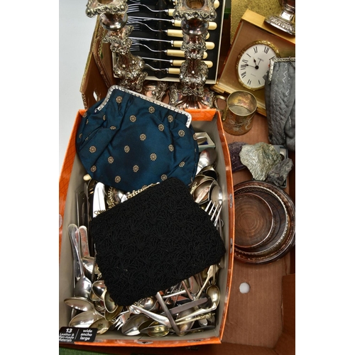 293 - A BOX OF ASSORTED WHITE METAL WARE, to include a pair of silver plated copper candle sticks, each wi... 