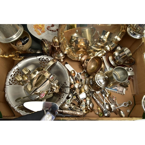 294 - A BOX OF ASSORTED WHITE METAL WARE, to include four pewter tankards, two EPNS tankards, a stainless ... 