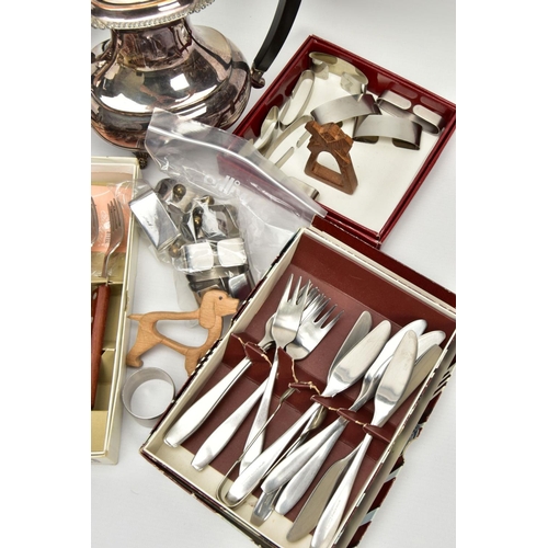 296 - A BOX OF ASSORTED STAINLESS STEEL AND PLATED TABLEWARE, to include six signed 'Robert Welch' stainle... 