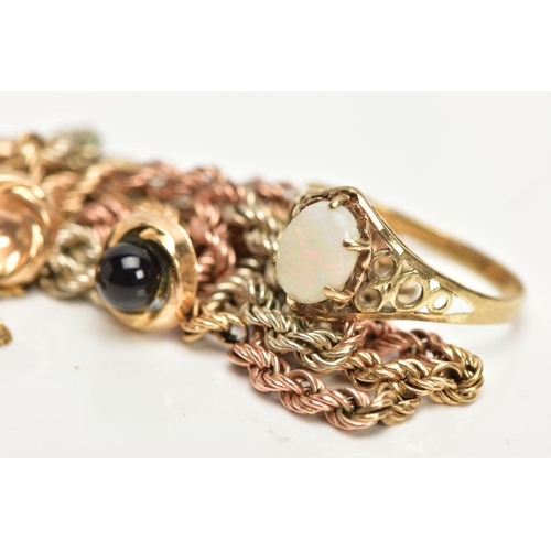 30 - A BROKEN 9CT GOLD CHAIN, A PAIR OF EARRINGS AND A 9CT GOLD OPAL RING, the tri-colour rope twist chai... 