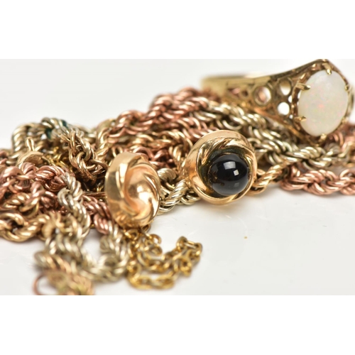 30 - A BROKEN 9CT GOLD CHAIN, A PAIR OF EARRINGS AND A 9CT GOLD OPAL RING, the tri-colour rope twist chai... 