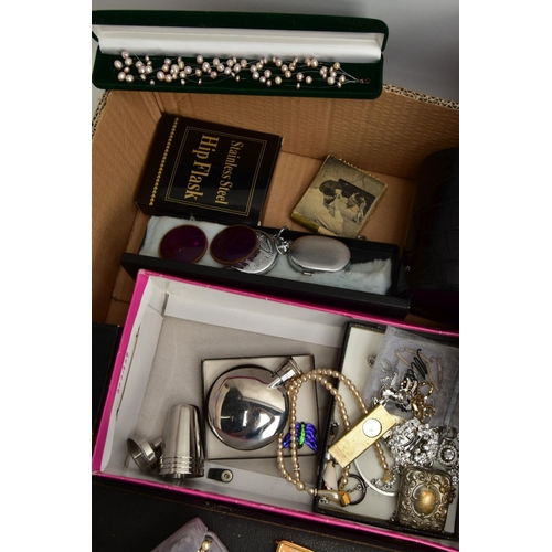 301 - A BOX OF ASSORTED ITEMS, to include a quantity of costume jewellery, a boxed 'Prada' mobile phone, a... 