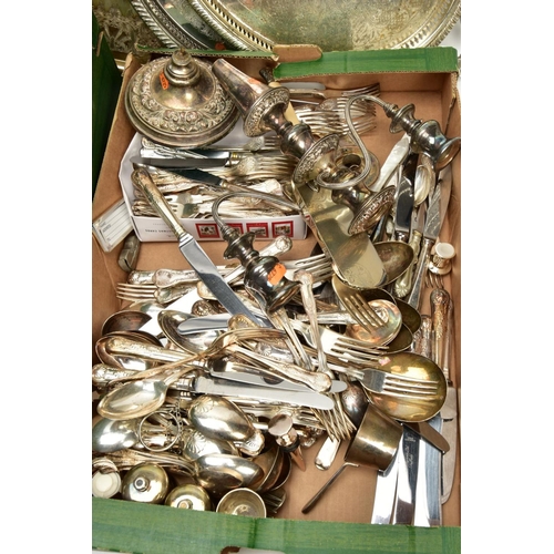 302 - TWO BOXES OF ASSORTED WHITE METAL WARE AND CUTLERY, to include a pair of three branch candle sticks ... 