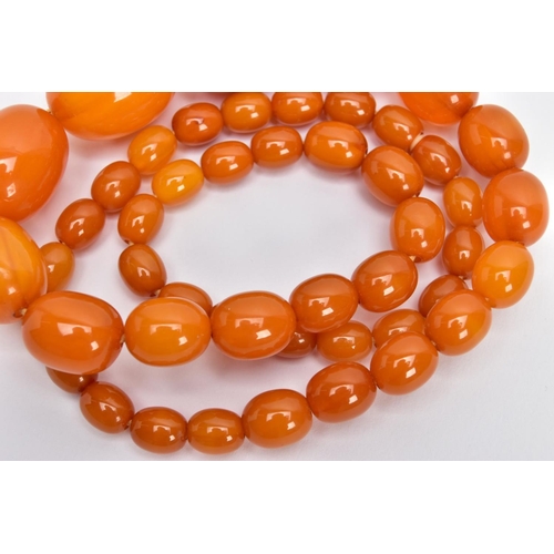 303 - A GRADUATED AMBER COLOUR BAKELITE BEAD NECKLACE, oval graduated beads, largest measuring approximate... 