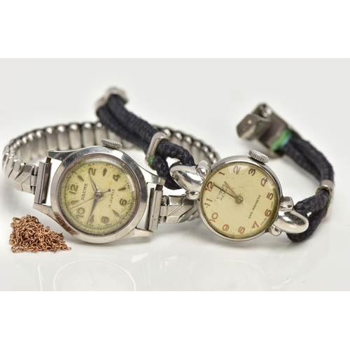 308 - TWO WRISTWATCHES AND A YELLOW METAL BROKEN CHAIN, a stainless steel 'Baume' wristwatch, round discol... 