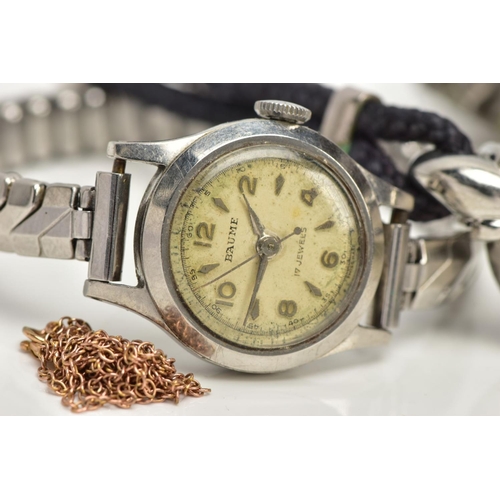 308 - TWO WRISTWATCHES AND A YELLOW METAL BROKEN CHAIN, a stainless steel 'Baume' wristwatch, round discol... 