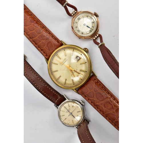 310 - THREE WRISTWATCHES, to include a gents gold-plated watch with a round gold dial signed 'Bulova Aeroj... 