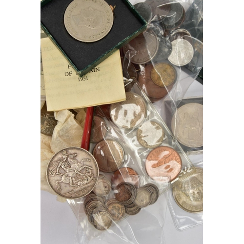 314 - A CADBURY'S COCOLATE BISCUIT TIN OF MIXED COINS, to include a 1887 holed Victoria crown coin, a Geor... 