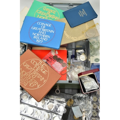 319 - A QUANTITY OF COINS, COIN ALBUMS WITH SILVER CONTENT COINS, COMMEMORATIVES, BANKNOTES ETC, to includ... 