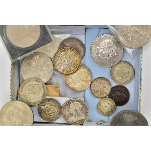 321 - A BOX OF MIXED COINS AND COMMEMORATIVES, to include Shillings, Pennys, Six pence's, some Nederland c... 