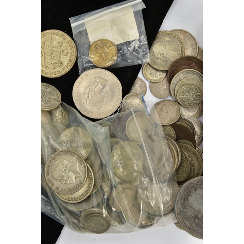 321 - A BOX OF MIXED COINS AND COMMEMORATIVES, to include Shillings, Pennys, Six pence's, some Nederland c... 