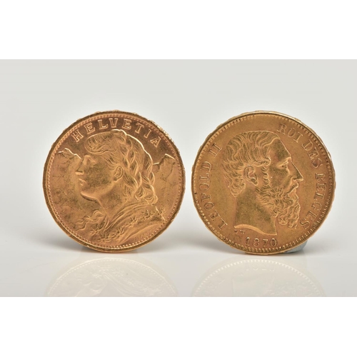 324 - A PAIR OF .900 Fine GOLD COINS 8.45gr each Switzerland 20 francs, together with a Belgium gold 20-fr... 