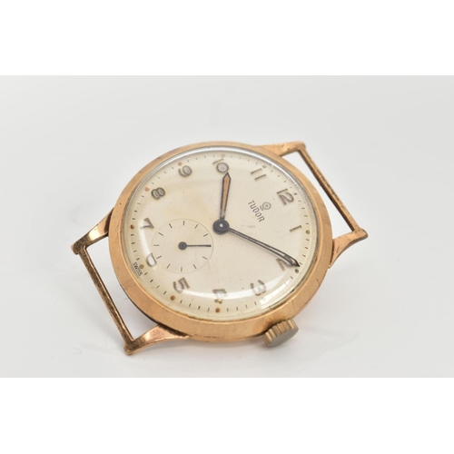 33 - A GENTS 9CT GOLD 'TUDOR' WATCH HEAD, hand wound movement (working), round cream dial signed 'Tudor',... 