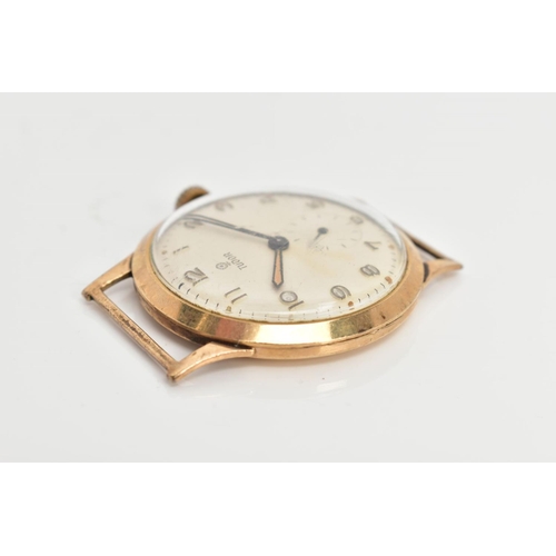 33 - A GENTS 9CT GOLD 'TUDOR' WATCH HEAD, hand wound movement (working), round cream dial signed 'Tudor',... 