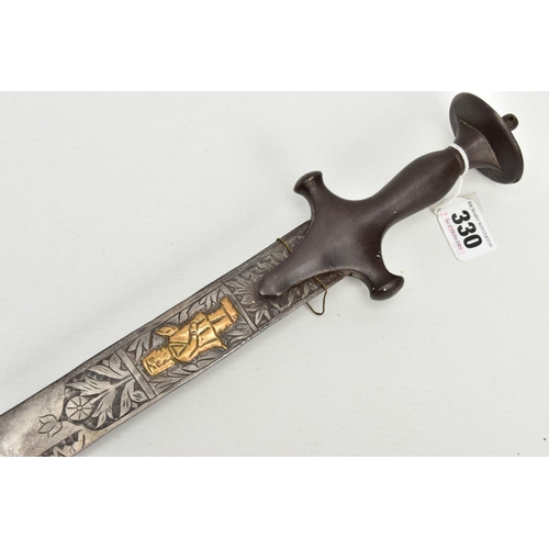 330 - A REPLICA MIDDLE EASTERN SWORD, decorative engravings to the blade, blade length approximately 63cm,... 