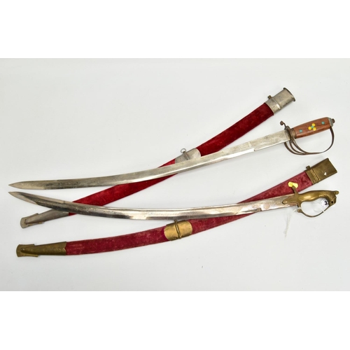 331 - TWO ASIAN/INDIAN TOURIST STYLE CURVED SWORDS in wooden and suede scabbards, one id marked made in In... 