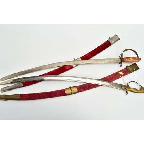 331 - TWO ASIAN/INDIAN TOURIST STYLE CURVED SWORDS in wooden and suede scabbards, one id marked made in In... 