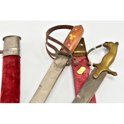 331 - TWO ASIAN/INDIAN TOURIST STYLE CURVED SWORDS in wooden and suede scabbards, one id marked made in In... 