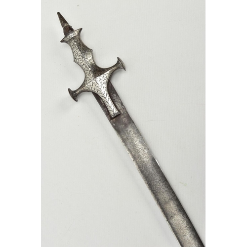 333 - A TALWAR STYLE curved blade sword, blade length approximately 75 cm, ornate white metal grip and cro... 