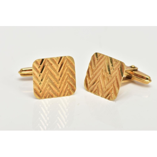 40 - A PAIR OF 9CT GOLD CUFFLINKS, yellow gold square face with a chevron diamond cut pattern, fitted wit... 