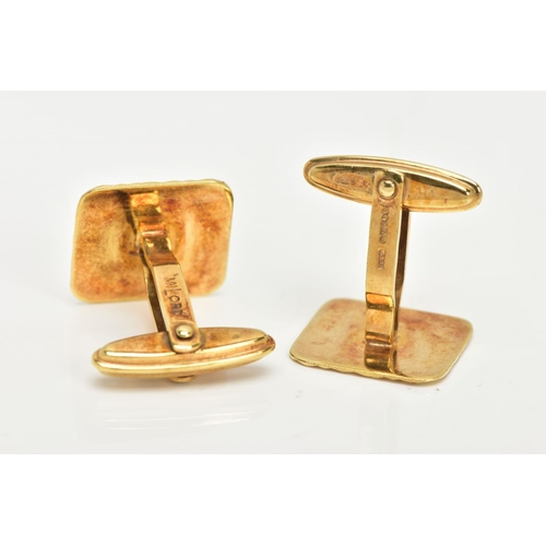 40 - A PAIR OF 9CT GOLD CUFFLINKS, yellow gold square face with a chevron diamond cut pattern, fitted wit... 